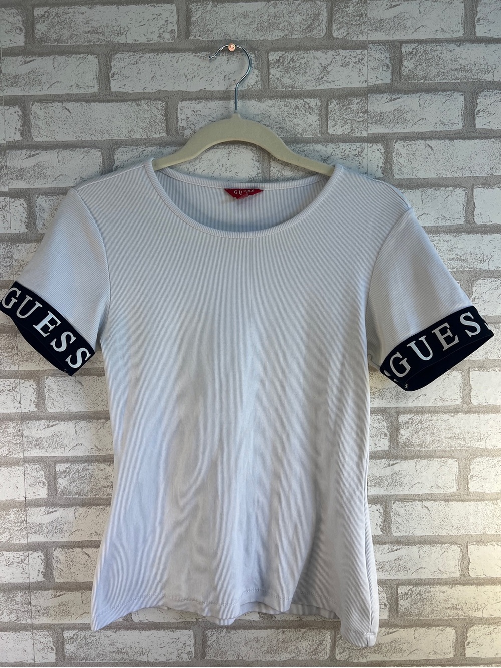 Guess White Short Sleeve Tee with Black Logo Sleeve Bands